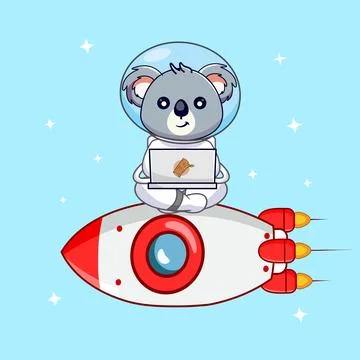 Astronaut Koala Coding with Laptop on a Rocket in Space Stock Illustration