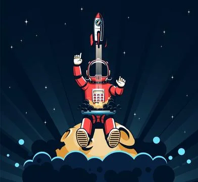 Astronaut launches a rocket while sitting on the moon Illustrazione stock
