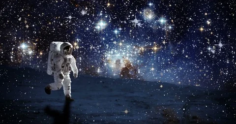 Astronaut Leaping and Jumping Through the Stars and Galaxy on Planet Stock Footage