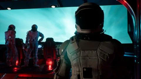 The astronaut leave the control room and walk along the corridor of the Stock Illustration