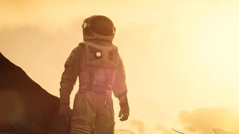 Astronaut Looking Around while Standing on the Mars/ Red Planet, Stand. Stock Footage 86808661