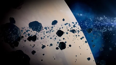 Astronaut looking at gas planet from asteroid belt Stock Footage 105396051
