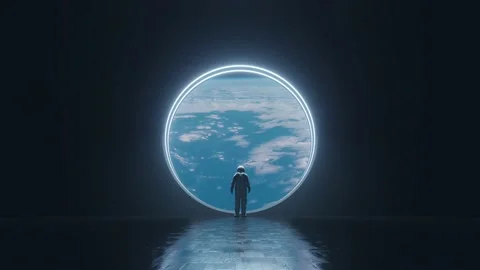 The astronaut is looking at the huge illuminator of an unknown spaceship Stock Footage 130432543