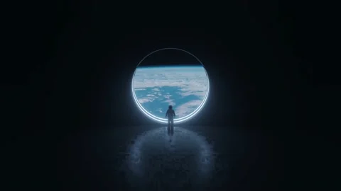 The astronaut is looking at the huge illuminator of an unknown spaceship  Stock Footage 130585612