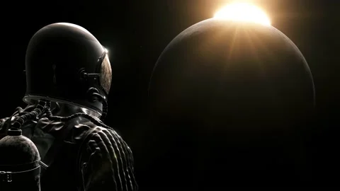 Astronaut looking at the moon. Cosmonaut in outer space. Sunlight. Stock Footage 197765062