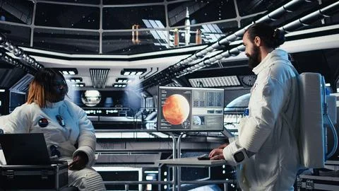 Astronaut looking at planet visualization before stepping out of space station Stock Photos