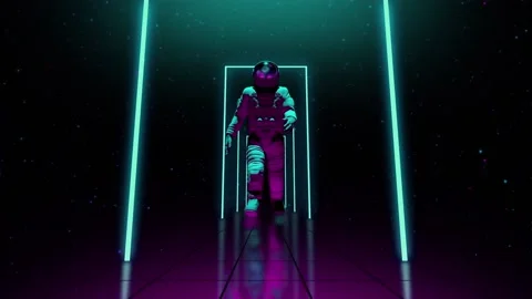 Astronaut Loop walking in neon blue and purple cyber space Video stock 234264926