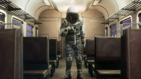 An astronaut makes a negative gesture, on an interstellar space train hurtling Vidéo 169352953