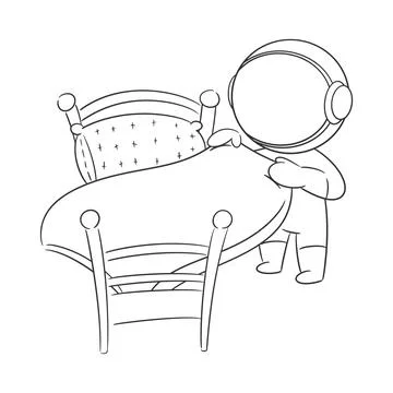 Astronaut is making his bed for coloring Stock Illustration