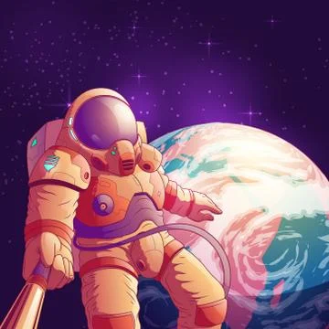 Astronaut making selfie in outer space vector Stock Illustration