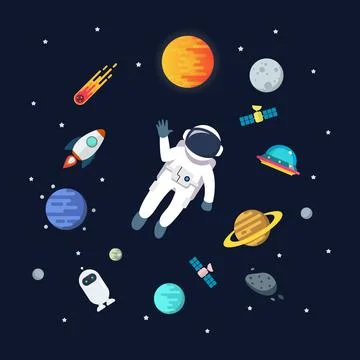 Astronaut man floating in space with planets background Illustrazione stock