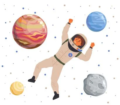 Astronaut man flying among planets in dreams. Male dressed as spaceman dreams Stock Illustration