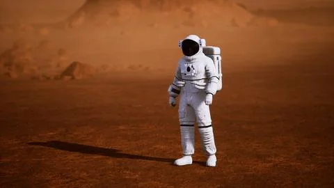 Astronaut on Mars Surface. Red Planet Covered in Gas and rock Stock Illustration