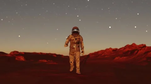Astronaut on Mars walking on the surface in the sunset Stock Footage 270460278