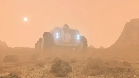 Astronaut on Mars walks past camera with Rover parked behind animation Stock Footage 108545496