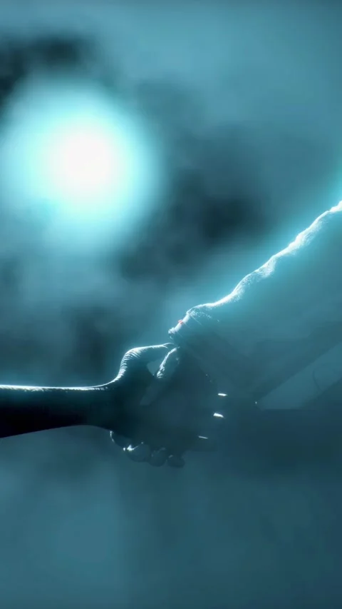 Astronaut meets a grey alien and shakes his hand. First contact. Alien on Moon Stock Footage 310963838