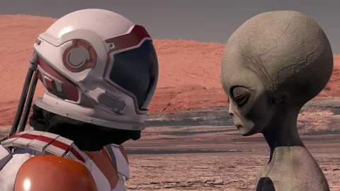 Astronaut meets a Martian on Mars. First contact. Alien on Mars. Exploring Vidéo 134881322