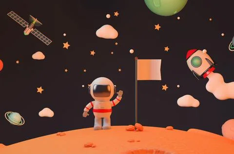 Astronaut Mission To Mars  holding a blank flag 3D rendering Stock Illustration