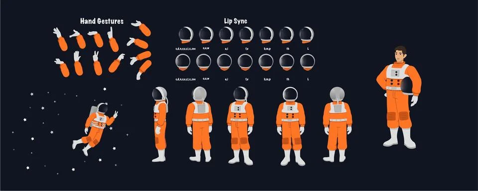 An astronaut model sheet. Space character creation set. Stock Illustration