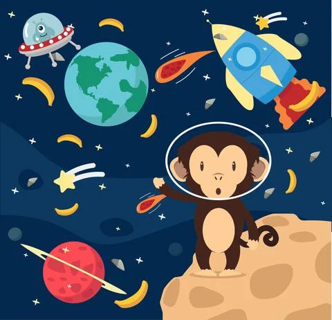 Astronaut monkey  in space flat design background Illustrazione stock