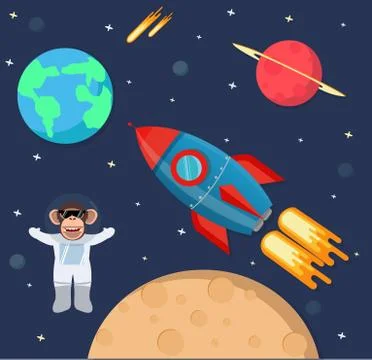 Astronaut monkey in space with rocket ship Illustrazione stock