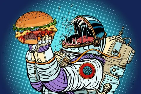 Astronaut monster eats burger. Greed and hunger of mankind conce Stock Illustration