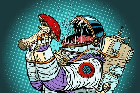 Astronaut monster eats Fly agaric. Greed and hunger of mankind c Stock Illustration