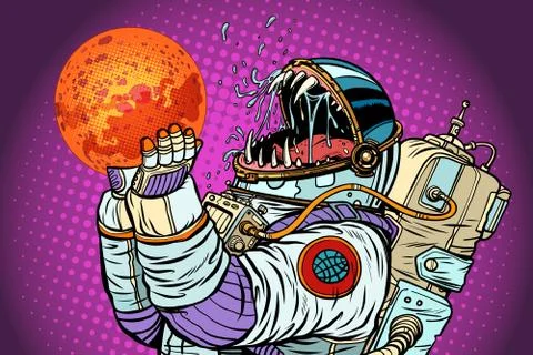 Astronaut monster eats Mars. Greed and hunger of mankind concept Stock Illustration