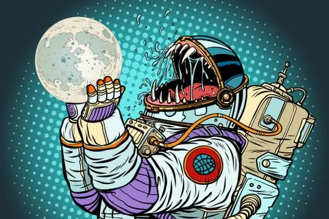 Astronaut monster eats Moon. Greed and hunger of mankind concept Stock Illustration