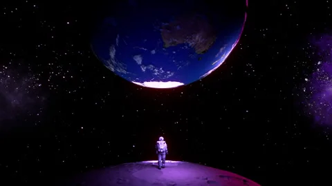 Astronaut On Moon Rock or Alien Planet Bending Laws of the Universe Augmented Stock Footage 258268545