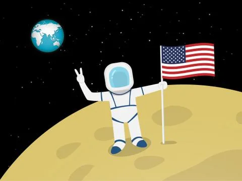 Astronaut on moon surface with US flag, vector Stock Illustration