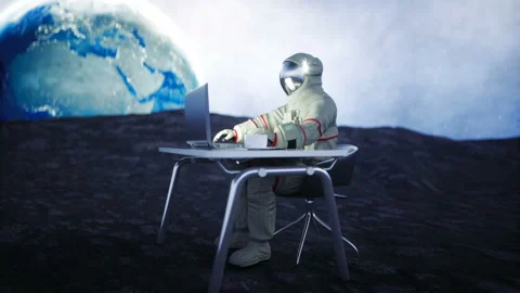 Astronaut on the moon working with notebook . Realistic 4k animation. Stock Footage 88737875