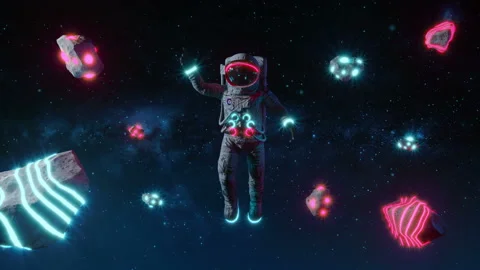 Astronaut With Neon Lights Asteroids In Space Видео 123049843