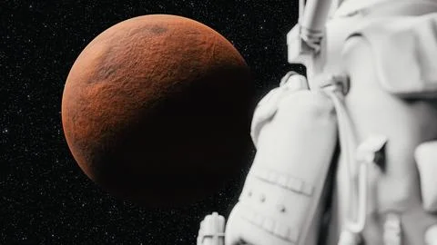 Astronaut observing mars rotating in space: cosmic exploration and discovery. 3d Ilustración de archivo