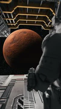 Astronaut observing mars from space station window. 3d render Stock Illustration