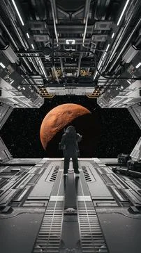Astronaut observing mars from spaceship hangar bay: martian exploration mission Stock Illustration