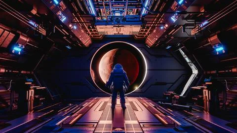 Astronaut observing mars from spaceship window: futuristic space exploration. 3d Stock Illustration