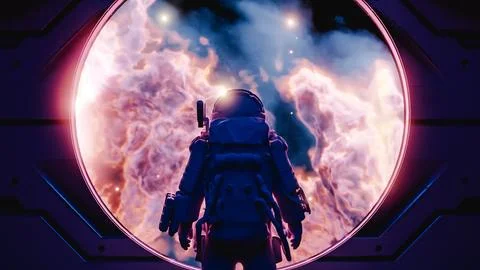 Astronaut observing nebula through spaceship window: breathtaking space Stock Illustration