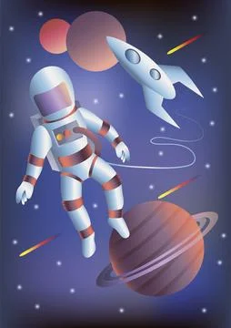 Astronaut in open outer space on the background of rockets, planets and stars Stock Illustration