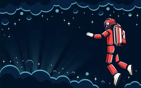 Astronaut in open space among clouds, stars, and nebulae Illustrazione stock