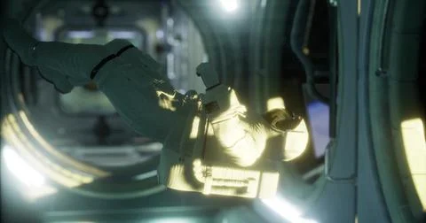Astronaut operates robotic arm inside futuristic space station environment Stock Illustration