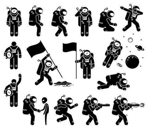 Astronaut or spaceman character set stick figure. Vector illustration of astr Stock Illustration