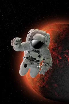 Astronaut in outer open space over the planet Mars.Stars provide the backgrou Stock Illustration