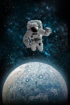 Astronaut in outer open space over the planet .Stars provide the background.e Stock Illustration