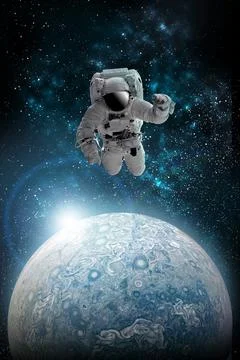 Astronaut in outer open space over the planet .Stars provide the background.e 스톡 사진