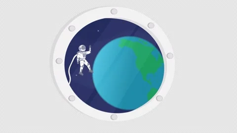 Astronaut in outer space. Animation cosmonaut greets from the porthole. Cartoon Stock Footage 253455363