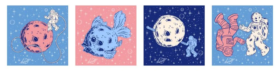 Astronaut in outer space. Cartoon spaceman in zero gravity. Moon and stars. F Stock Illustration