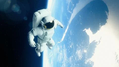 Astronaut in outer space is flying over the Earth 3D rendering Stock Illustration