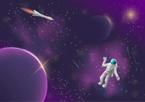 Astronaut in outer space, flying rocket, planets and stars of galaxies. Vector Stock Illustration