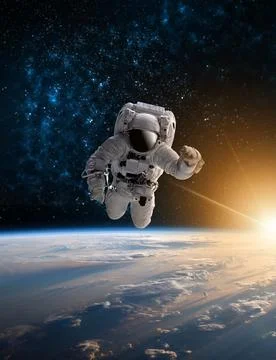 Astronaut in outer space over the planet Earth.Stars provide the background.e Stock Illustration